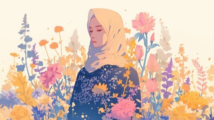 In a captivating 2d illustration a Muslim woman stands gracefully amidst a beautiful flower garden set against a pristine white background