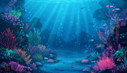 Fish and coral reefs under the sea. Underwater world with seaweeds and sea animals