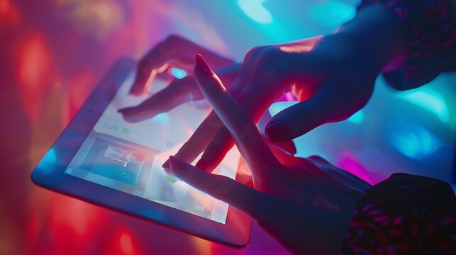 Two creative business people working on social media strategy using a digital tablet : Generative AI