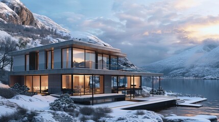 Exterior view of a Nordic-inspired modern home with a flat roof, large windows, and sleek lines, set against a backdrop of snowy mountains or fjords, blending contemporary design with natural beauty