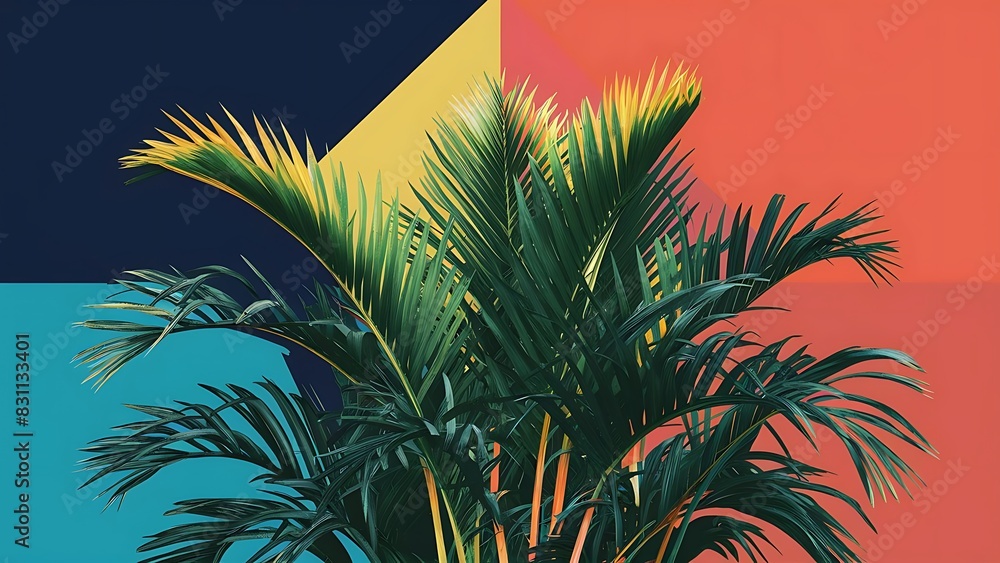 Wall mural Tropical palm leaves on color background