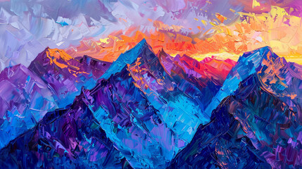 Obraz premium Impressionistic summer mountain vista with vibrant purple and blue peaks against a fiery sunset,