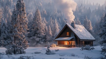 Exterior view of a Nordic-style cabin in a snowy forest, with smoke curling from the chimney and warm light glowing from the windows, illustrating cozy winter living