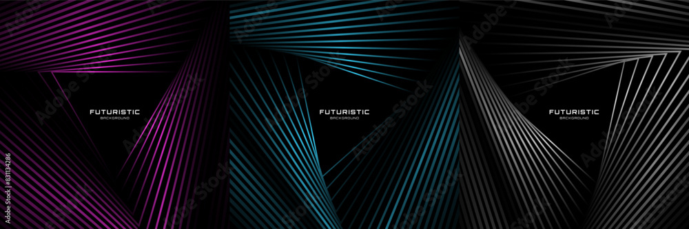 Poster techno abstract background set with glowing lines decoration on dark space. colorful triangles bundl