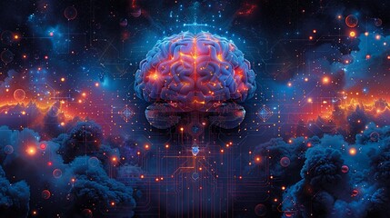 Obraz premium A vibrant illustration of an AI brain, composed of interconnected neurons and quantum circuits, representing the fusion of AI and quantum physics at the atomic level. Minimal and Simple style