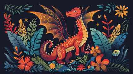 Chinese Happy New Year . Year of the Dragon. Symbol of New Year. Horizontal illustration of mysterious cute dragon  among flowers on a black background	
