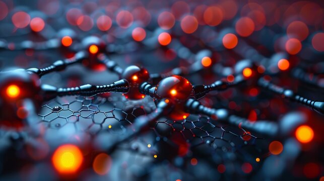 Close-up of nanometer-scale quantum dots embedded within a neural network, showcasing the integration of AI technology and quantum physics. Minimal and Simple style