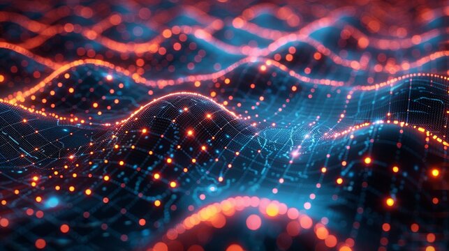 Close-up of nanometer-scale quantum dots embedded within a neural network, showcasing the integration of AI technology and quantum physics. Minimal and Simple style