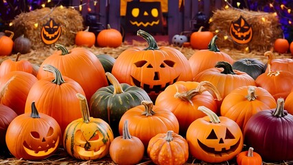 Obraz premium Pumpkins in honor of the celebration of autumn and halloween festival of vegetables