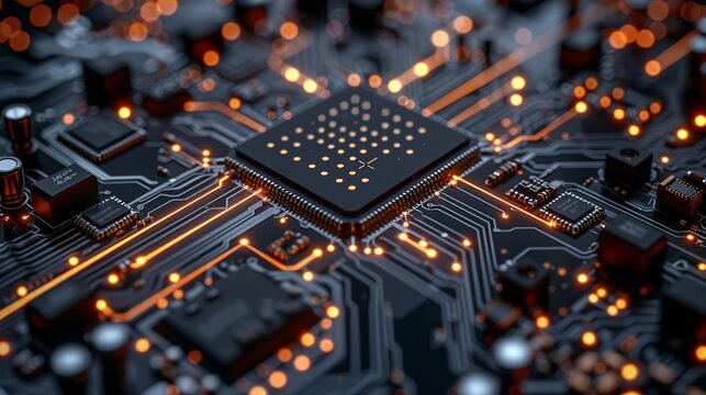 Atomic-level depiction of a quantum computer chip, with AI algorithms visualized as flowing data streams, symbolizing their synergy. Minimal and Simple style