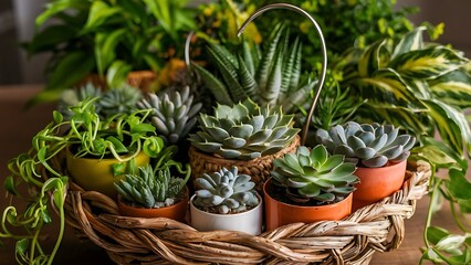 Obraz premium Green house plants potted succulents in a basket