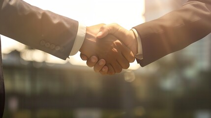 American businessman shaking hands with partner Two businessmen shaking hands outdoors Shaking hands Management strategy Handshake between two businessmen Communication of business con : Generative AI