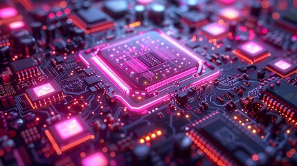 Fototapeta premium Nanotechnology illustration of a quantum processor with AI-driven circuits, symbolizing the convergence of these cutting-edge technologies. Minimal and Simple style