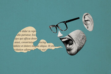 Composite photo collage of scream guy text box half face bad vision glasses parts body nose ear...