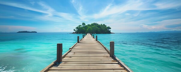 Wooden pier to tropical island on the blue ocean with blue sky - Powered by Adobe