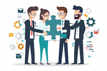 Business team achieving success through collaboration, career growth, and strategic partnerships, illustrated by miniature businessmen standing in a jigsaw puzzle with aligned arrows.