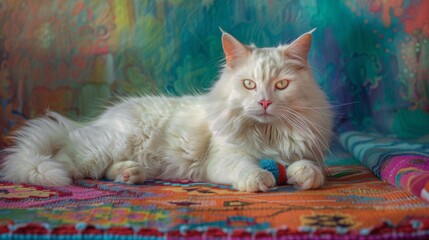 Fat white cat sitting on a colorful rug, with a playful expression and a toy mouse in its paws. The bright, cheerful environment enhances adorable nature