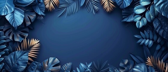 Dark blue textured 3D background with luxury frame, golden, green, and blue tropical leaves, AI generated, vibrant and elegant, Illustration 8K , high-resolution, ultra HD,up32K HD