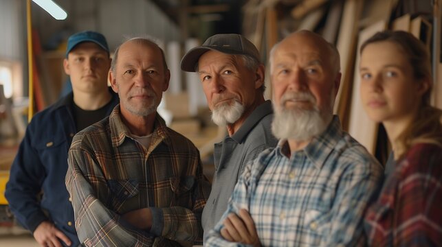 Generations of carpenters in their family business workshop looking at the camera : Generative AI