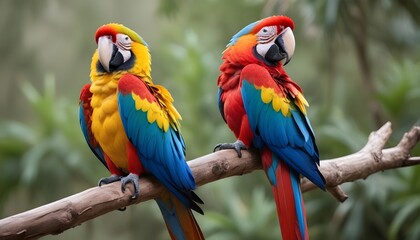 A close-up of a colorful macaw perched on a branch, feathers ruffled in the wind.