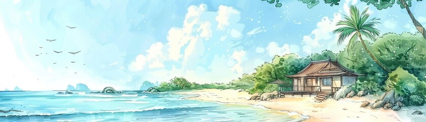 Tropical beach scene, white sand, palm tree, bungalow, turquoise ocean, sunset glow, summer vacation, AI generated, serene and picturesque, Illustration