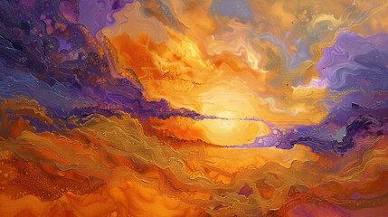 Dreamlike sunrise in shades of orange, purple, and gold on an abstract oil canvas, creating a surreal scene,
