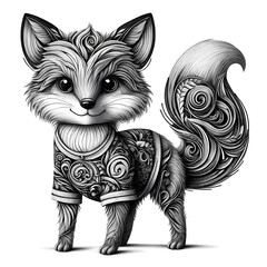 Ein kunstvoll gestalteter Fuchs in schwarz-weiß, der durch elegante, geschwungene Linien und filigrane Details besticht. Einzigartiges Design für Kunstliebhaber und Dekorationszwecke