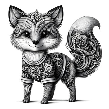 Ein kunstvoll gestalteter Fuchs in schwarz-wei&szlig;, der durch elegante, geschwungene Linien und filigrane Details besticht. Einzigartiges Design f&uuml;r Kunstliebhaber und Dekorationszwecke