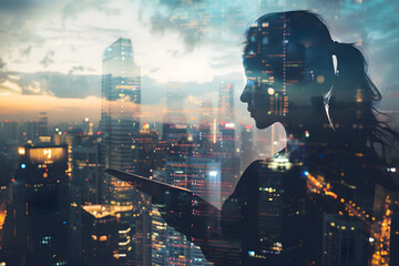 portrait of thoughtful writer with notepad, observing bustling city. double exposure, literary city background. space for your writing inspiration. wide, evening effect. generative ai