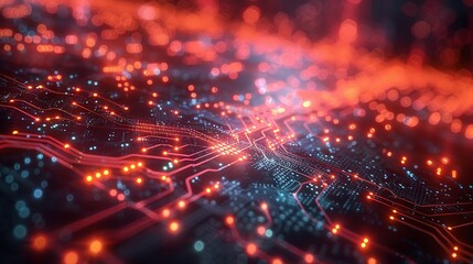 Obraz premium Atomic-level depiction of a quantum circuit with AI-driven data streams, illustrating their seamless combination. Minimal and Simple style