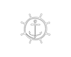 Continuous one line drawing of anchor and wheel marine. Anchor line art vector illustration. Nautical and maritime element. Editable stroke.	