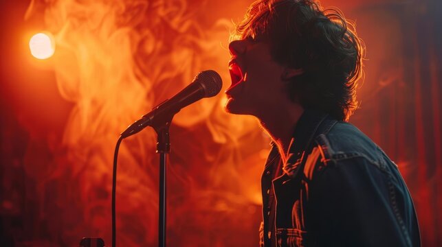 A musician singing into a microphone, selective focus, vocal expression theme, dynamic, overlay, recording booth backdrop