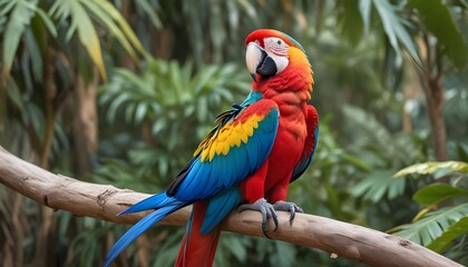 Obraz premium A close-up of a colorful macaw perched on a branch, feathers ruffled in the wind.