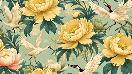 Modern seamless pattern of peonies and cranes in vintage style. Abstract art illustration.