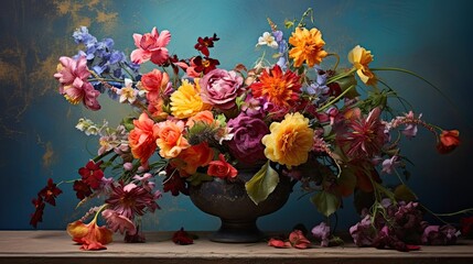 Beauty in bloom. Stunning floral arrangement, bouquet of enchanting multicoloured flowers in a vase against teal background. 