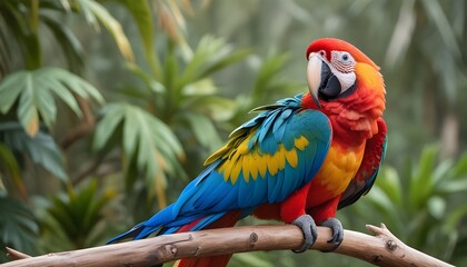 Obraz premium A close-up of a colorful macaw perched on a branch, feathers ruffled in the wind.