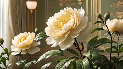 Obraz premium Modern seamless pattern of peonies and cranes in vintage style. Abstract art illustration.