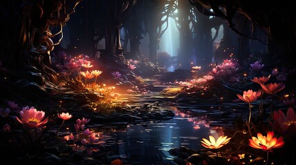 Fototapeta premium ethereal beautiful glowing flowers in spring garden at night