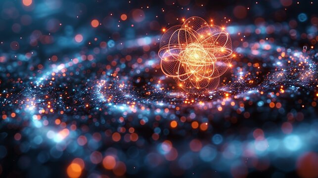 Visualization of a quantum wavefunction interacting with AI algorithms, illustrating their synergy at the atomic level. Minimal and Simple style