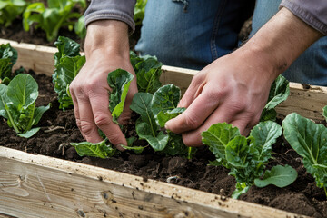 gardener's hands tending to vegetable plants in a garden
