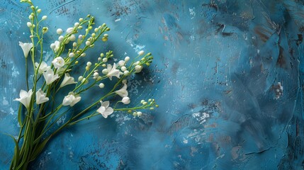 elegant lily of the valles bouquet on a textured blue background, copy and text space, 16:9