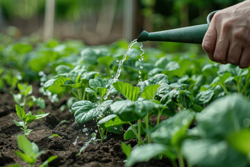 gardener's hands tending to vegetable plants in a garden