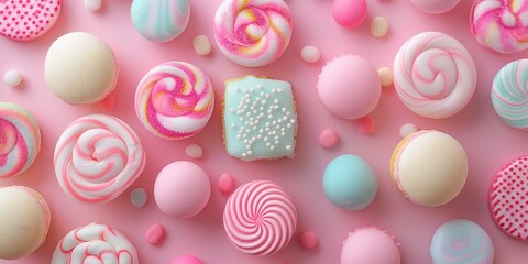 Overhead view of a collection of various candies and sweets on pink - Powered by Adobe