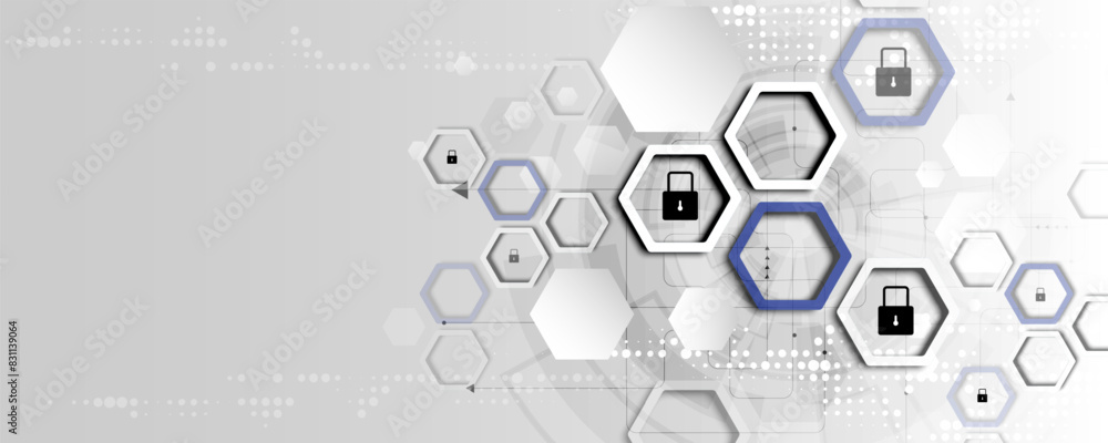 Poster digital internet security concept, entry lock on circuit board.
