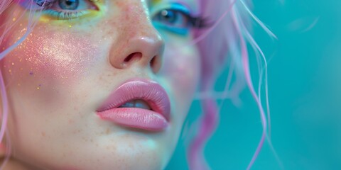 Close-up of colorful glittering makeup on a young woman's face