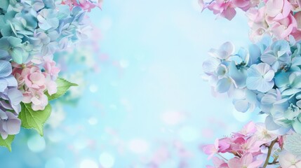 Fototapeta premium Hydrangea, lilac pink background, copy and text space, 16:9
