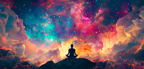 Person Meditating in Cosmic Universe: Fantasy Illustration with Colorful Nebulae and Stars, High-Resolution Digital Art, Surrealistic Elements and Vibrant Colors