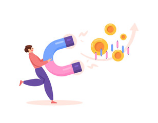 money acquisition concept. luring bond money. get a lot of revenue, earnings, or income. marketing techniques to gain profits. Use a magnet to attract coins. methods and finance. concept illustration 