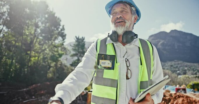 Construction worker, handshake and meeting outdoor at building site for teamwork, opportunity or success. Asian man or mature engineering contractor in Thailand shaking hands for architecture deal