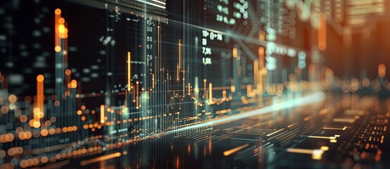 A stock market chart with a double exposure of financial charts and graphs on a dark background